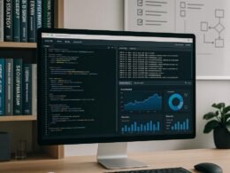 Moderner Büroarbeitsplatz mit Computer, Codezeilen, Server-Logs, Whiteboard mit Diagrammen und Fachbüchern, helles professionelles Umfeld