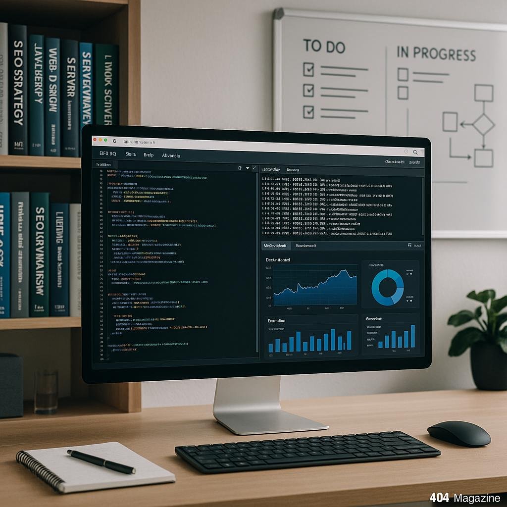 Moderner Büroarbeitsplatz mit Computer, Codezeilen, Server-Logs, Whiteboard mit Diagrammen und Fachbüchern, helles professionelles Umfeld