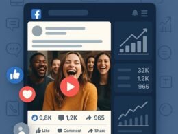 Facebook-Post-Layout mit Video-Thumbnail, Icons für Likes, Kommentare, Shares und Statistiken, im modernen responsiven Design mit hellem und dunklem Bereich, aufgenommen im Stil technischer und emotionaler Verbindung, Credit: 404 Magazine (Tobias Hager).