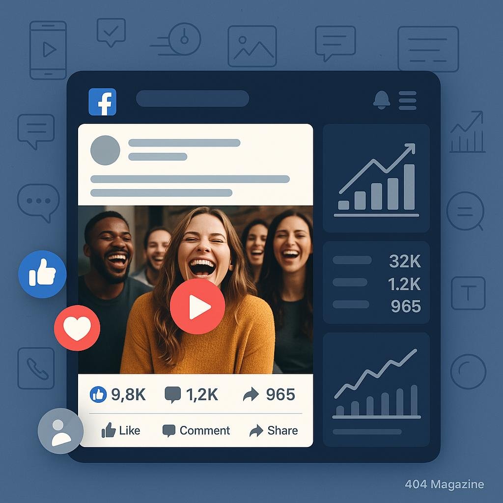Facebook-Post-Layout mit Video-Thumbnail, Icons für Likes, Kommentare, Shares und Statistiken, im modernen responsiven Design mit hellem und dunklem Bereich, aufgenommen im Stil technischer und emotionaler Verbindung, Credit: 404 Magazine (Tobias Hager).