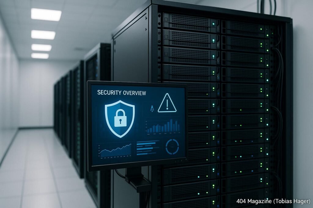 Modernes Server-Rack im Rechenzentrum mit digitalen Sicherheitsanzeigen auf einem Monitor, Kabelmanagement und sicherer Umgebung