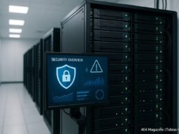 Modernes Server-Rack im Rechenzentrum mit digitalen Sicherheitsanzeigen auf einem Monitor, Kabelmanagement und sicherer Umgebung