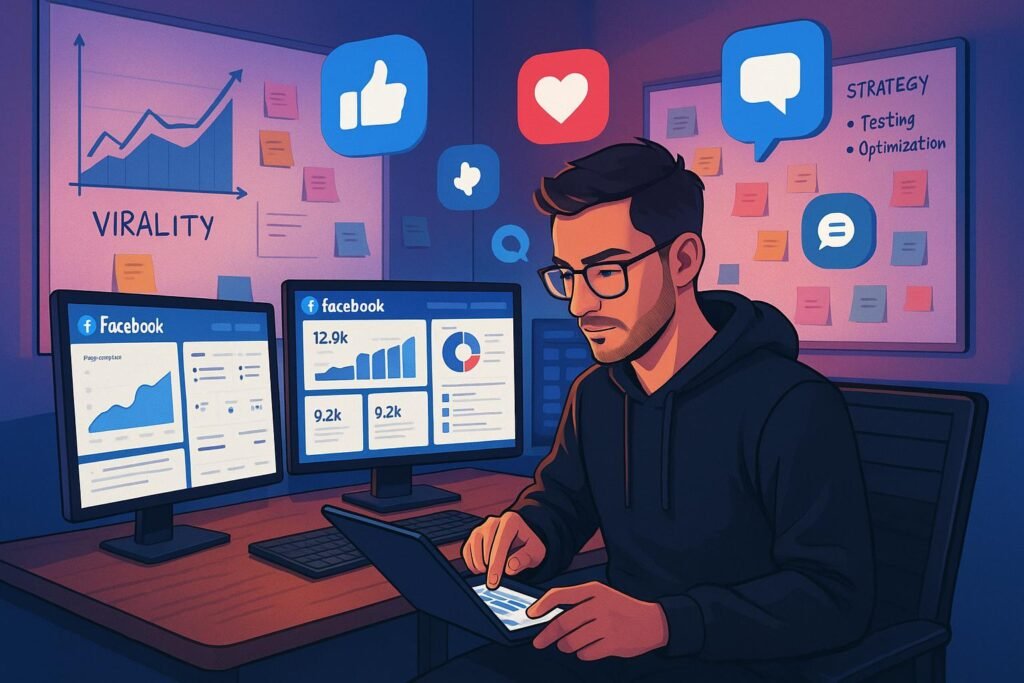 Ein Social Media Manager, der an einem modernen Schreibtisch mit mehreren Monitoren arbeitet, um Facebook-Analysen und Content-Strategien zu überwachen, mit grafischen Analysen und Planungstools im Hintergrund.