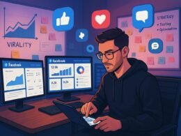 Ein Social Media Manager, der an einem modernen Schreibtisch mit mehreren Monitoren arbeitet, um Facebook-Analysen und Content-Strategien zu überwachen, mit grafischen Analysen und Planungstools im Hintergrund.