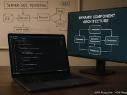 Nahaufnahme eines modernen Webentwicklungsarbeitsplatzes mit Laptop, Monitoren und Whiteboard mit technischen Diagrammen, beleuchtet von sanfter Umgebung. Credit: 404 Magazine (Tobias Hager).