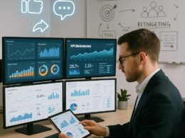 Modernes Büro mit großen Bildschirmen, Whiteboards und einer Person in Business-Kleidung, die Daten auf einem Tablet zeigt, Credit: 404 Magazine (Tobias Hager)