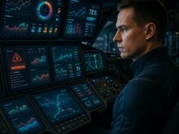 Futuristisches Kontrollzentrum im Flugzeugcockpit mit bunten Daten-Visualisierungen und einem Pilot in Uniform, im Hintergrund komplexe Maschinen und technische Geräte, strahlt Innovation und technologische Überlegenheit aus.