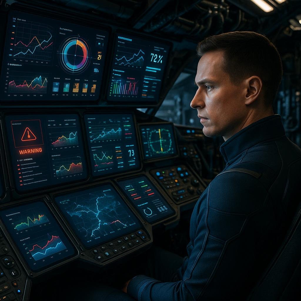 Futuristisches Kontrollzentrum im Flugzeugcockpit mit bunten Daten-Visualisierungen und einem Pilot in Uniform, im Hintergrund komplexe Maschinen und technische Geräte, strahlt Innovation und technologische Überlegenheit aus.