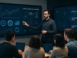 Berater präsentiert in einem modernen Digital-Marketing-Workshop komplexe Diagramme, Datenvisualisierungen und Plattform-Architekturen vor aufmerksamem Publikum, mit technischen Grafiken auf einem großen Bildschirm im Hintergrund.