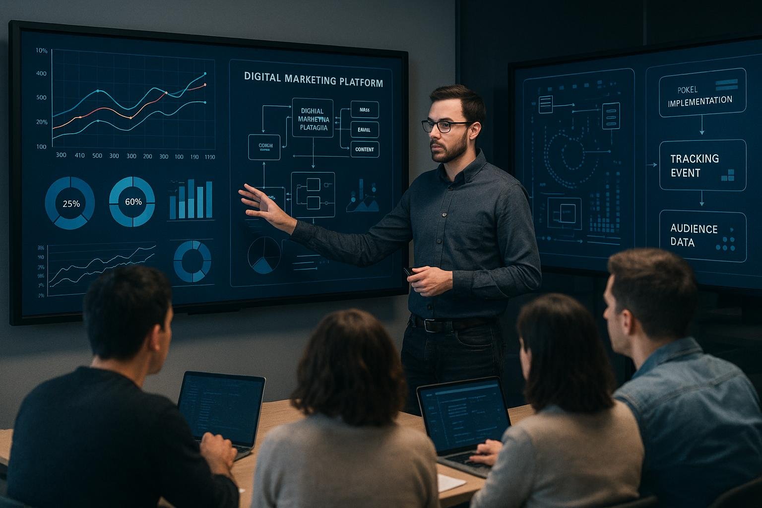 Berater präsentiert in einem modernen Digital-Marketing-Workshop komplexe Diagramme, Datenvisualisierungen und Plattform-Architekturen vor aufmerksamem Publikum, mit technischen Grafiken auf einem großen Bildschirm im Hintergrund.