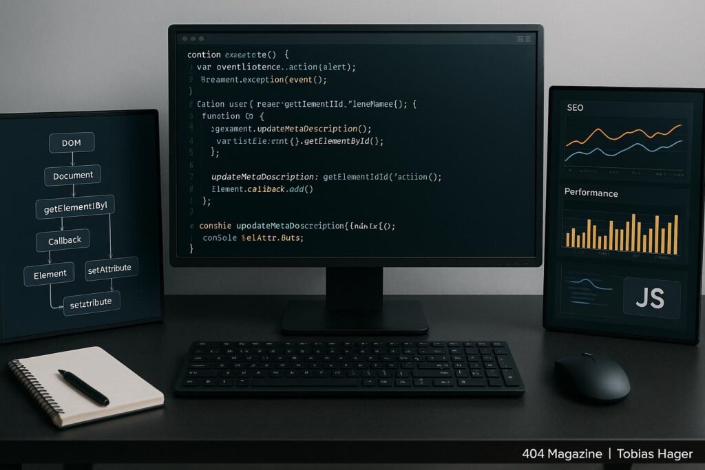Moderner Webentwickler Arbeitsplatz mit mehreren Bildschirmen, Code, JavaScript-Diagrammen und Leistungscharts