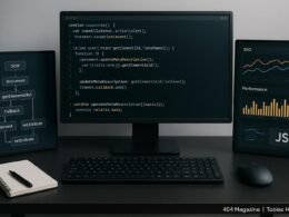 Moderner Webentwickler Arbeitsplatz mit mehreren Bildschirmen, Code, JavaScript-Diagrammen und Leistungscharts