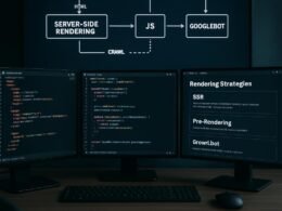 Arbeitsplatz eines modernen Webentwicklers mit mehreren Monitoren, Code-Editoren, Rendering-Strategien und einer schematischen Darstellung der Website-Rendering-Prozesse im Hintergrund