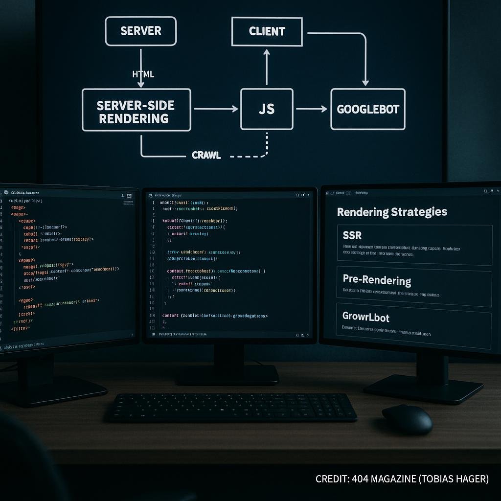 Arbeitsplatz eines modernen Webentwicklers mit mehreren Monitoren, Code-Editoren, Rendering-Strategien und einer schematischen Darstellung der Website-Rendering-Prozesse im Hintergrund