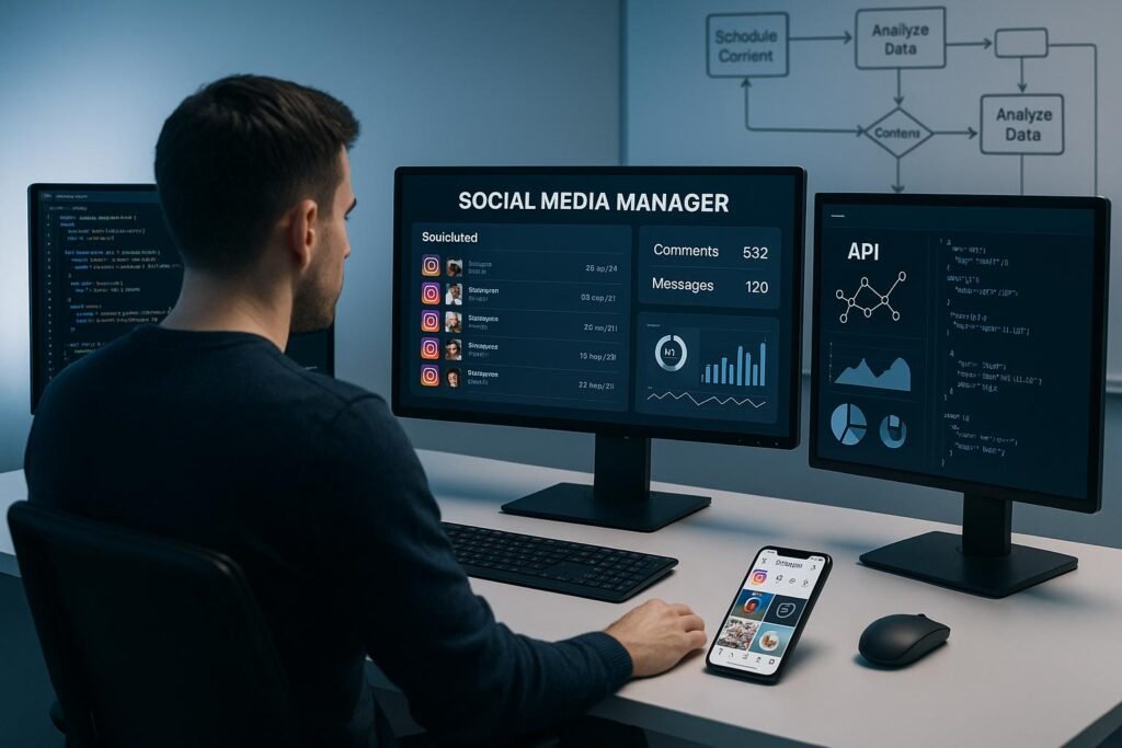 Professioneller Social Media Manager an einem minimalistischen Arbeitsplatz mit mehreren Bildschirmen, die Code, API-Diagramme und Instagram-Analysen anzeigen, vor einem whiteboard mit Workflow-Flowcharts, im High-Tech Ambiente.