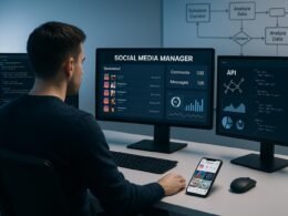 Professioneller Social Media Manager an einem minimalistischen Arbeitsplatz mit mehreren Bildschirmen, die Code, API-Diagramme und Instagram-Analysen anzeigen, vor einem whiteboard mit Workflow-Flowcharts, im High-Tech Ambiente.