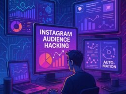 Futuristischer Digital-Workspace mit multiple Monitoren, Datenvisualisierungen, Social Media Dashboards und einer Person konzentriert bei der Arbeit.