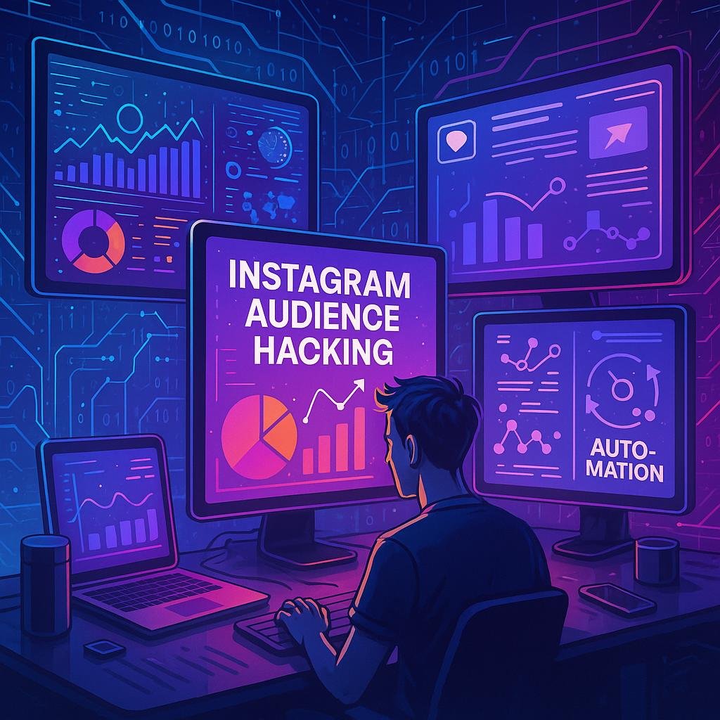 Futuristischer Digital-Workspace mit multiple Monitoren, Datenvisualisierungen, Social Media Dashboards und einer Person konzentriert bei der Arbeit.