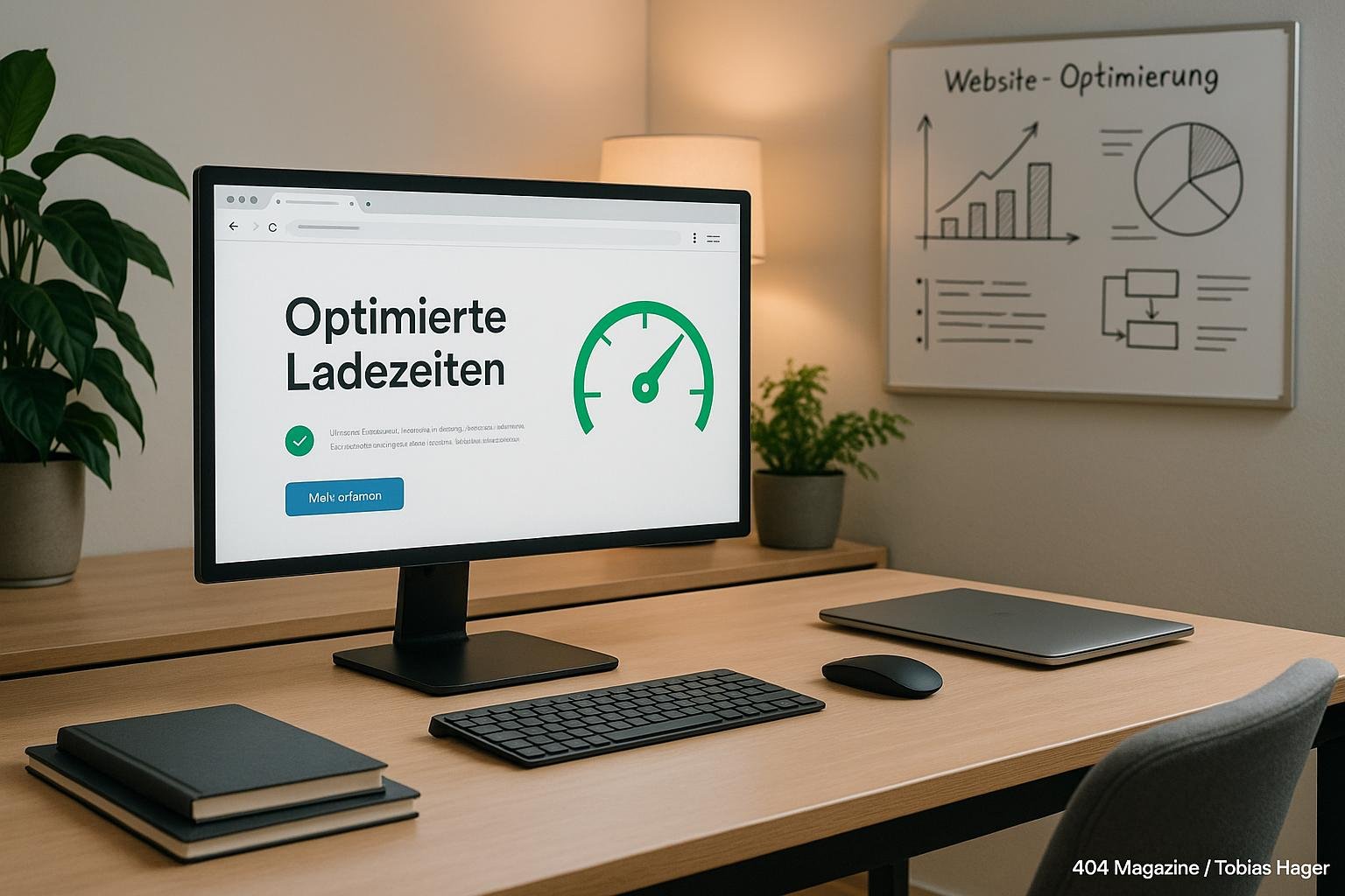 Modernes Büro mit großem Bildschirm, Webseite mit optimierten Ladezeiten, Pflanzen, Whiteboard und Arbeitsmaterialien, vermittelt Effizienz und technologische Kompetenz.