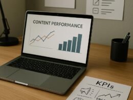 Modernes Büro mit Laptop, Notizblättern und Strategie-Postern, die Content-Analyse und Social Media KPIs zeigen