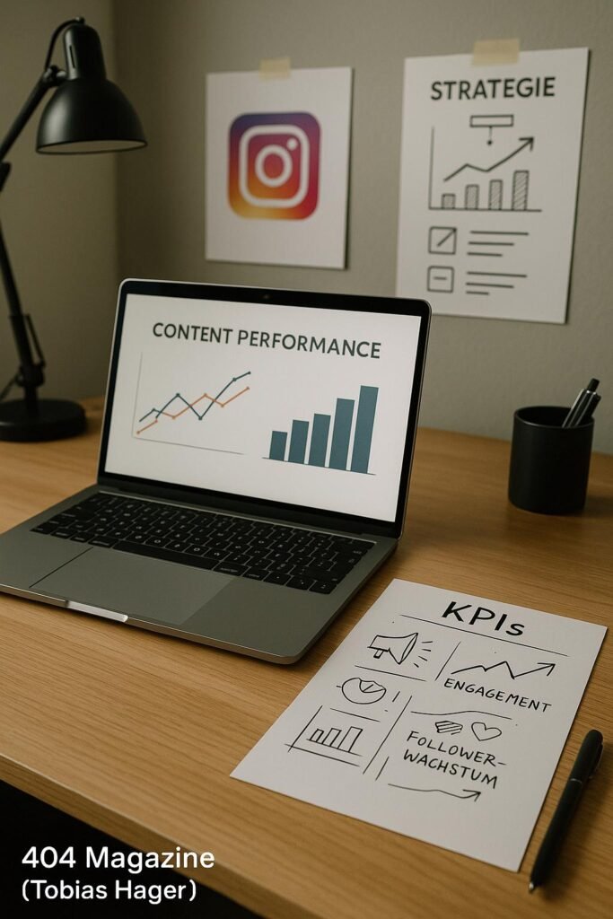 Modernes Büro mit Laptop, Notizblättern und Strategie-Postern, die Content-Analyse und Social Media KPIs zeigen