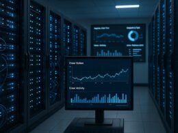 Moderner Serverraum mit beleuchteten Servern, Netzwerkracks und digitalen Bildschirmen, die Traffic-Spitzen und technische Analysen präsentieren, Credit: 404 Magazine (Tobias Hager)