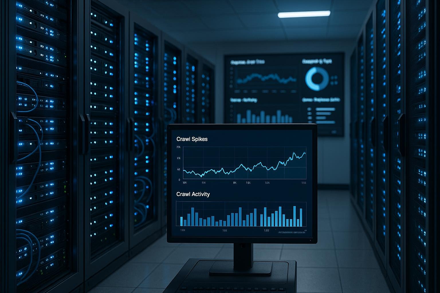 Moderner Serverraum mit beleuchteten Servern, Netzwerkracks und digitalen Bildschirmen, die Traffic-Spitzen und technische Analysen präsentieren, Credit: 404 Magazine (Tobias Hager)