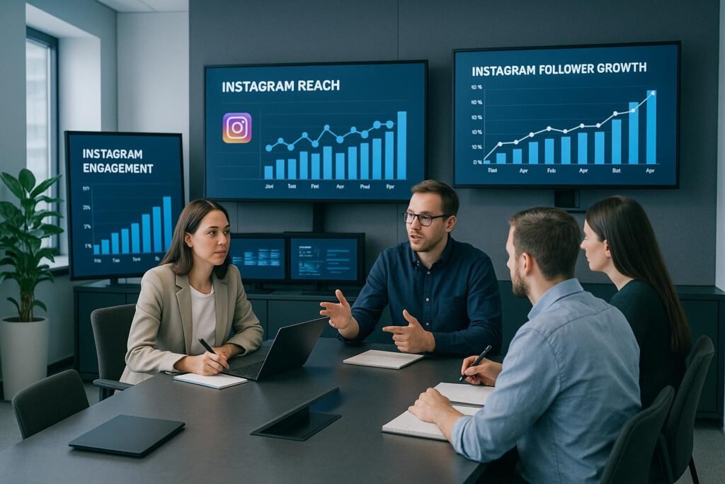 Moderner Office-Workshopraum mit Monitoren, Analyse-Dashboards und Team, das Daten zu Instagram-KPIs diskutiert, auf hellem Hintergrund in Blau-, Grau- und Weiß-Tönen.