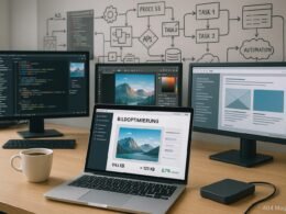 Modernes Büro mit Computern, Code-Editoren, Bildbearbeitungstools, Flowcharts und einem Laptop im Vordergrund, daneben Tasse Kaffee und externe Festplatte. Szenenbild für Effizienz und technisches Know-how.