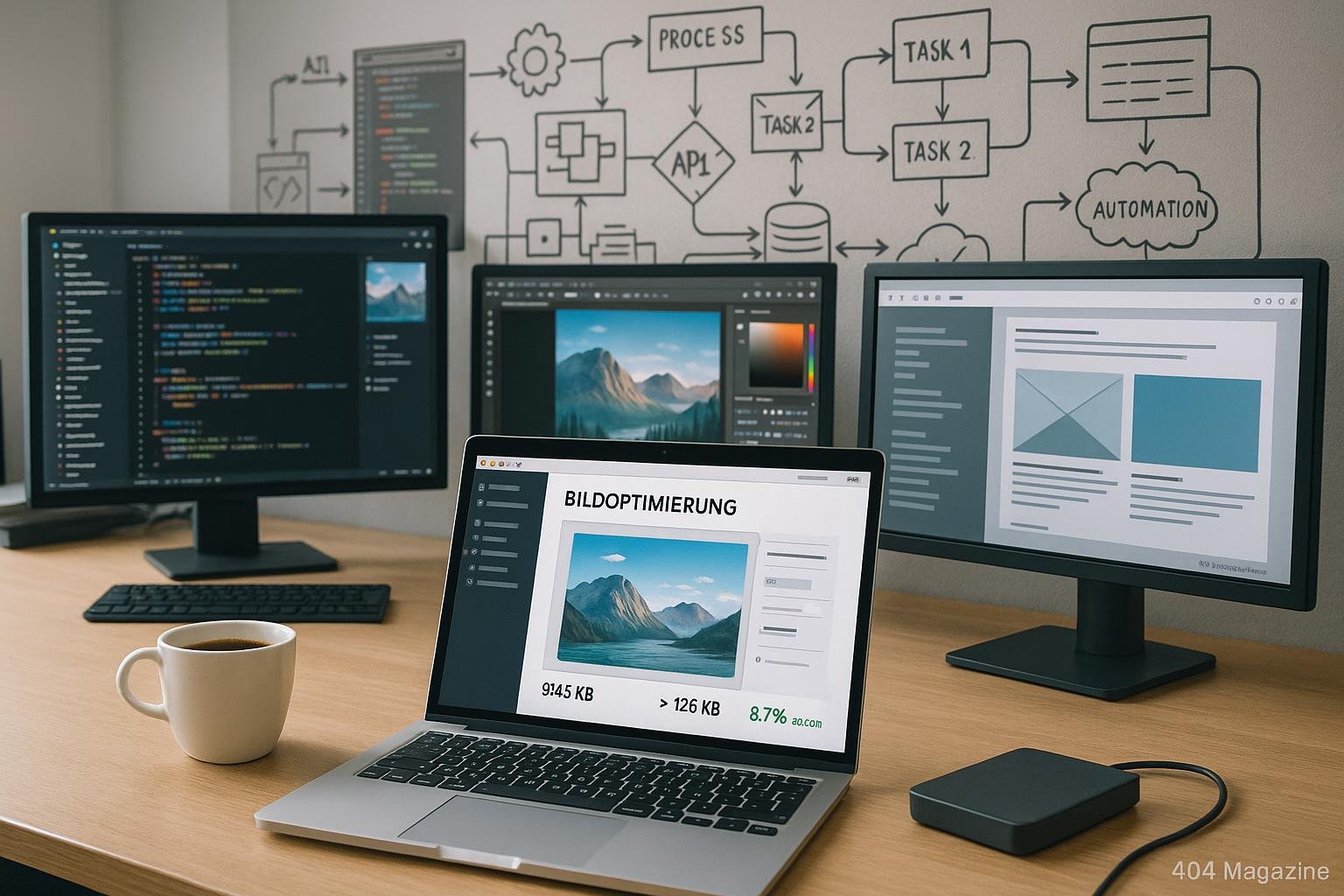 Modernes Büro mit Computern, Code-Editoren, Bildbearbeitungstools, Flowcharts und einem Laptop im Vordergrund, daneben Tasse Kaffee und externe Festplatte. Szenenbild für Effizienz und technisches Know-how.