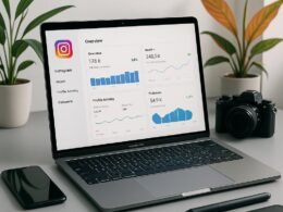 Moderner Arbeitsplatz mit Laptop, Smartphone und Kamera, umgeben von Pflanzen und natürlichem Licht, symbolisiert kreative Social-Media-Strategien.