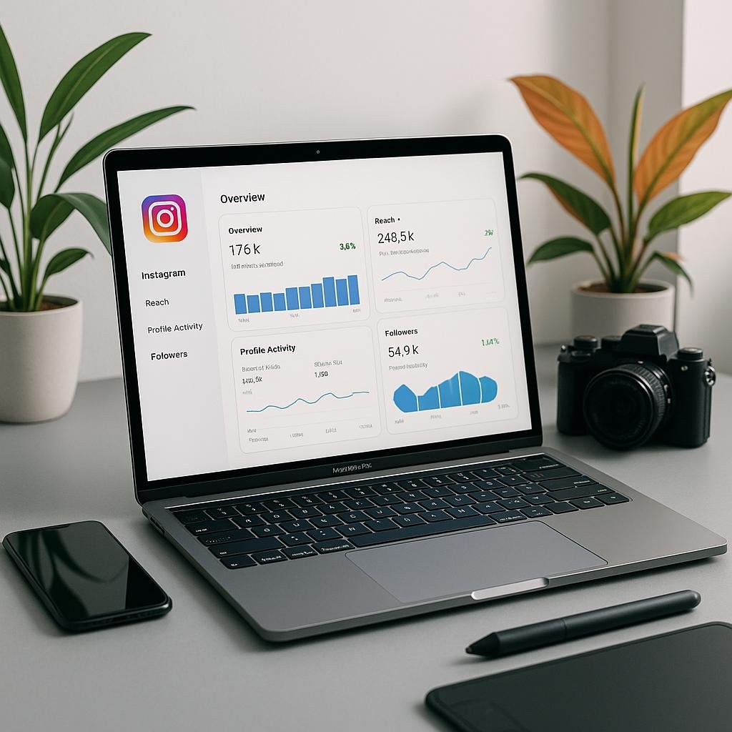 Moderner Arbeitsplatz mit Laptop, Smartphone und Kamera, umgeben von Pflanzen und natürlichem Licht, symbolisiert kreative Social-Media-Strategien.