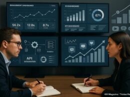 Zwei Personen in einem professionellen Büro, die auf mehrere Screens mit Daten, Grafiken und KPI-Dashboards schauen und Strategien diskutieren, um Effizienz und technisches Know-how zu zeigen