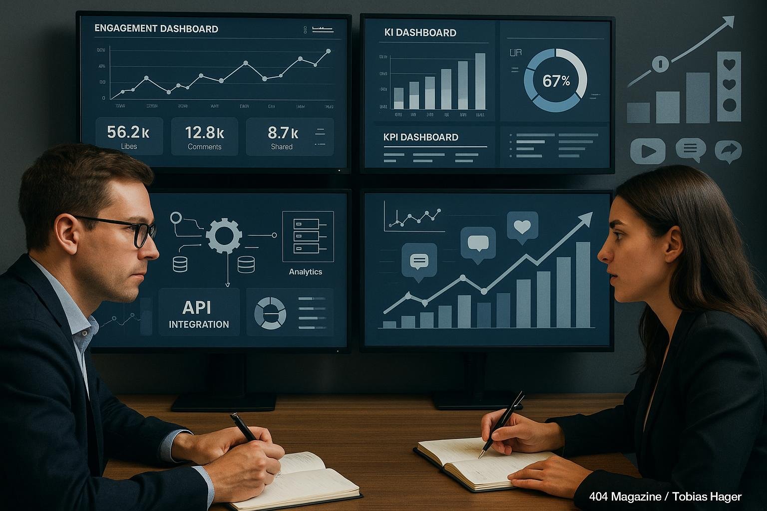 Zwei Personen in einem professionellen Büro, die auf mehrere Screens mit Daten, Grafiken und KPI-Dashboards schauen und Strategien diskutieren, um Effizienz und technisches Know-how zu zeigen