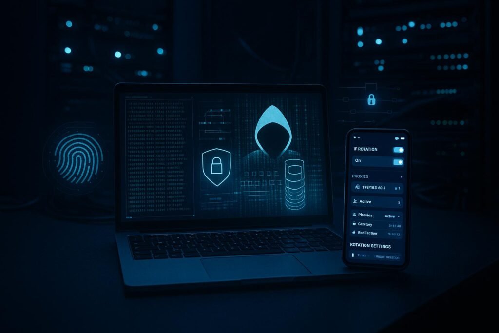 Schattige High-Tech-Arbeitsstation mit Laptop, Smartphone und Servern, die Datenschutz und Anonymisierung symbolisieren, beleuchtet von kühlem Blau und Neonakzenten, mit virtuellen Überlagerungen und verschlüsselten Datenströmen.