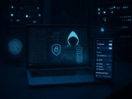 Schattige High-Tech-Arbeitsstation mit Laptop, Smartphone und Servern, die Datenschutz und Anonymisierung symbolisieren, beleuchtet von kühlem Blau und Neonakzenten, mit virtuellen Überlagerungen und verschlüsselten Datenströmen.