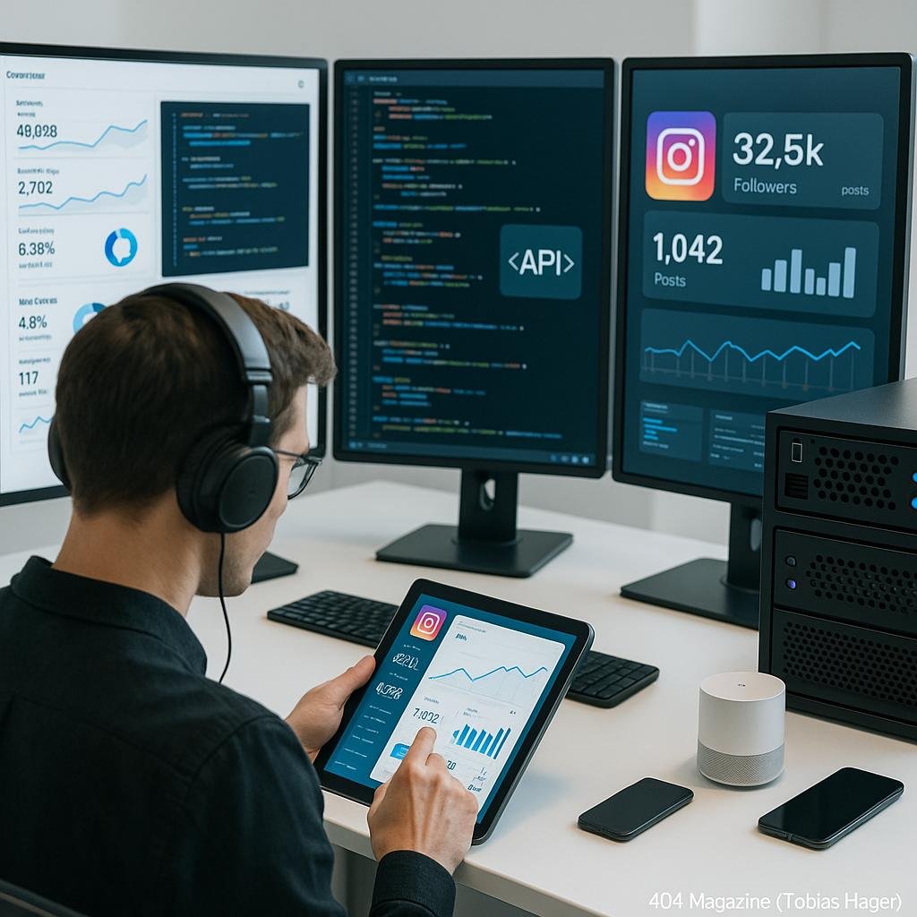 Moderner digitaler Arbeitsplatz mit Monitoren, Servern und einer Person mit Kopfhörern, die Daten auf einem Tablet analysiert, unterstreicht High-Tech-Automatisierung und API-Integrationen.
