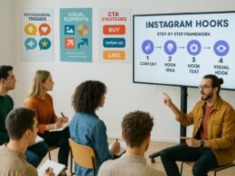 Workshop-Szene mit großem Bildschirm, der ein Instagram Hooks Framework zeigt, moderne Räumlichkeit, Präsentation durch Designer vor motivierten Content-Copreneurs, Poster im Hintergrund zeigen psychologische Trigger und CTA-Strategien.