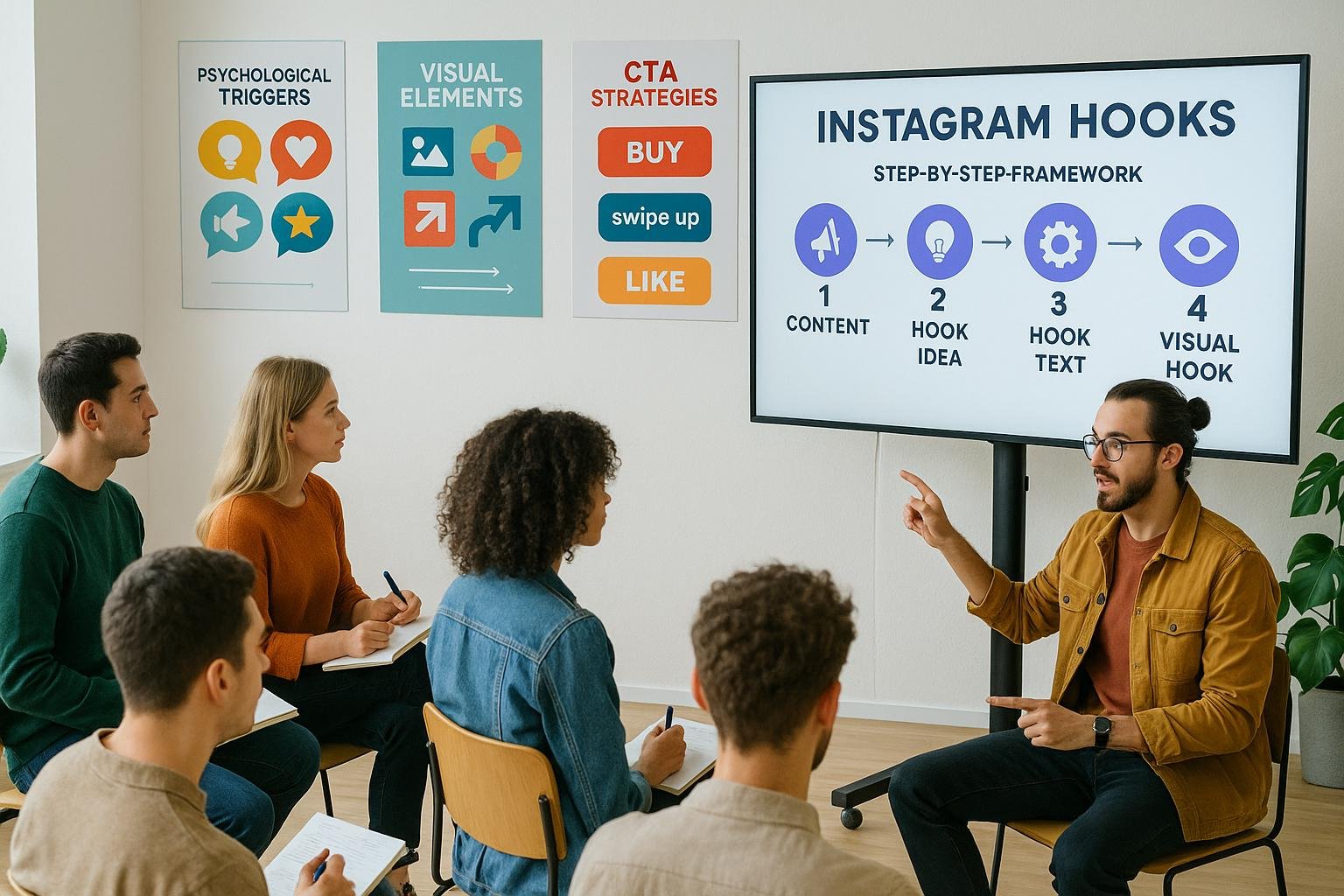 Workshop-Szene mit großem Bildschirm, der ein Instagram Hooks Framework zeigt, moderne Räumlichkeit, Präsentation durch Designer vor motivierten Content-Copreneurs, Poster im Hintergrund zeigen psychologische Trigger und CTA-Strategien.