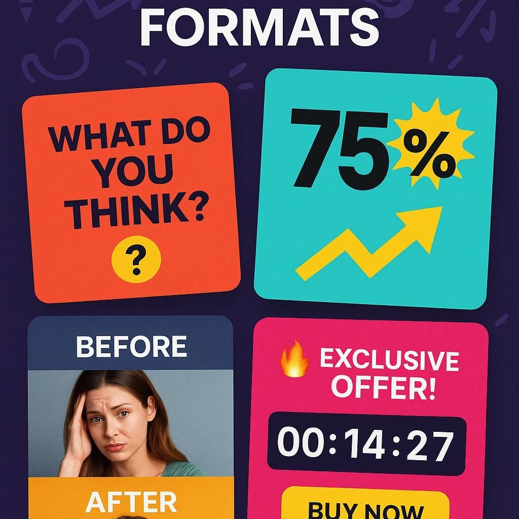 Modernes Instagram-Storyboard mit kreativen Hook-Formaten, visuellen Elementen und energischem Design