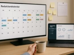 Modernes Arbeitsbüro mit großem Bildschirm, Laptop, Notizzetteln, Kalender und einer Hand, die eine Tasse Kaffee hält. Szene zeigt Organisation und Technologie.