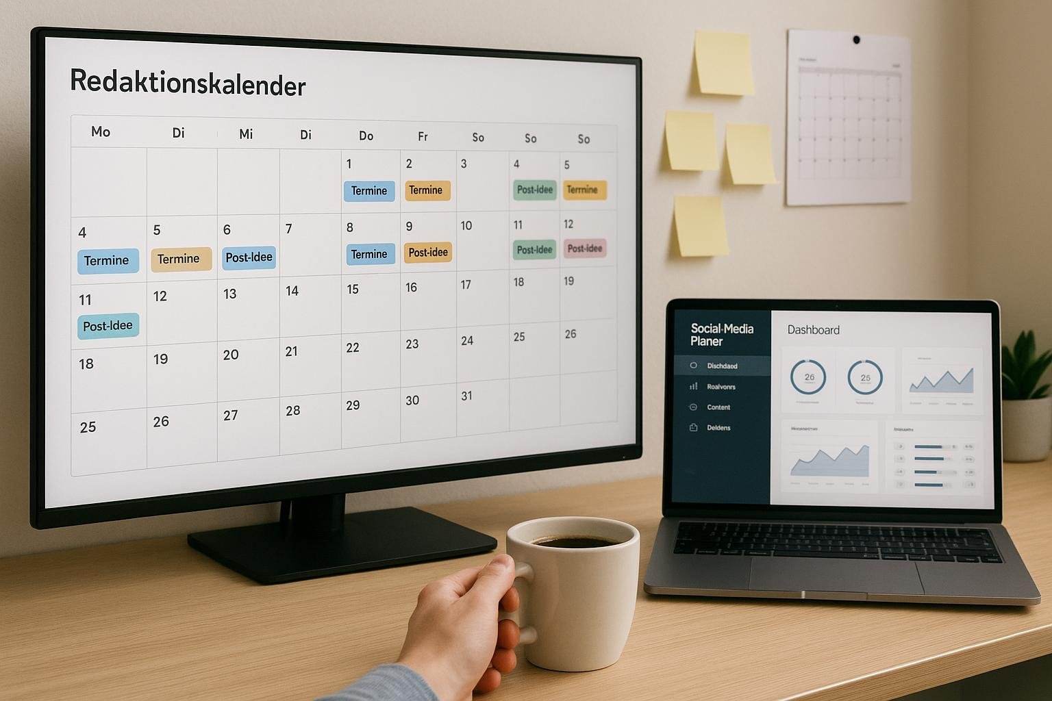Modernes Arbeitsbüro mit großem Bildschirm, Laptop, Notizzetteln, Kalender und einer Hand, die eine Tasse Kaffee hält. Szene zeigt Organisation und Technologie.