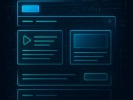 Modular aufgebautes Webseiten-Interface im High-Tech-Design mit isolierten Komponenten, Datenströmen und leuchtenden Akzenten in Blau und Grün.