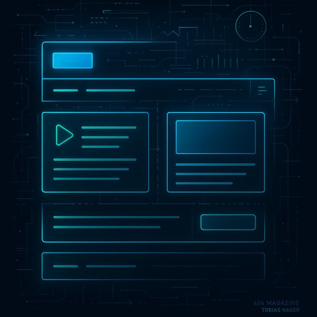 Modular aufgebautes Webseiten-Interface im High-Tech-Design mit isolierten Komponenten, Datenströmen und leuchtenden Akzenten in Blau und Grün.