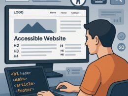 Moderne, barrierefreie Webseite mit klarer Struktur, Icons für Screenreader, Tastatur und SEO sowie ein Entwickler, der mit Code arbeitet, im Hintergrund Diagramme und Tools.