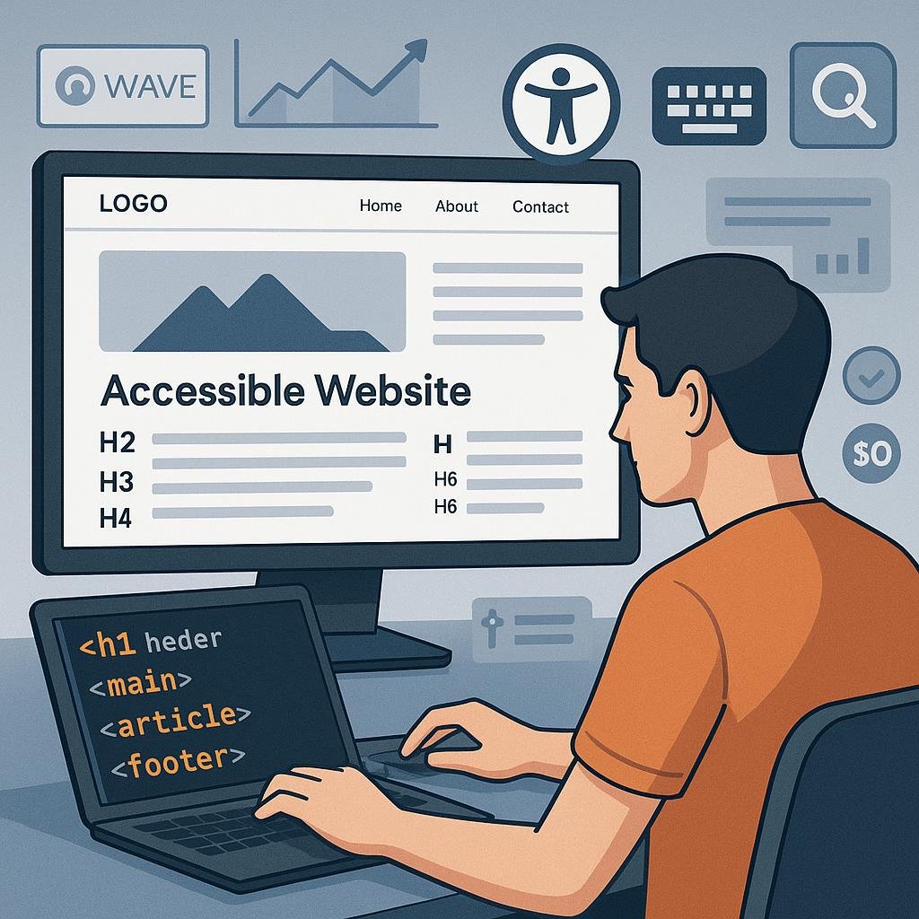 Moderne, barrierefreie Webseite mit klarer Struktur, Icons für Screenreader, Tastatur und SEO sowie ein Entwickler, der mit Code arbeitet, im Hintergrund Diagramme und Tools.