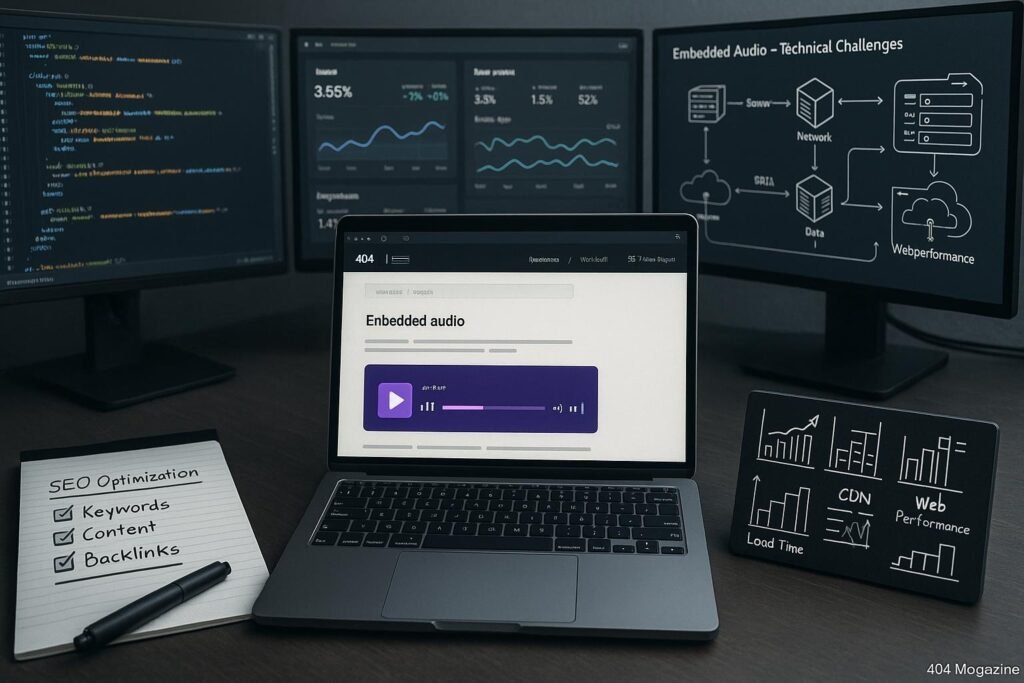 Modernes Büro mit mehreren Monitoren, Laptop mit Audio-Widget, Notizen zu SEO und Performance, schematische Darstellungen von Servern und Netzwerken