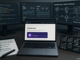 Modernes Büro mit mehreren Monitoren, Laptop mit Audio-Widget, Notizen zu SEO und Performance, schematische Darstellungen von Servern und Netzwerken