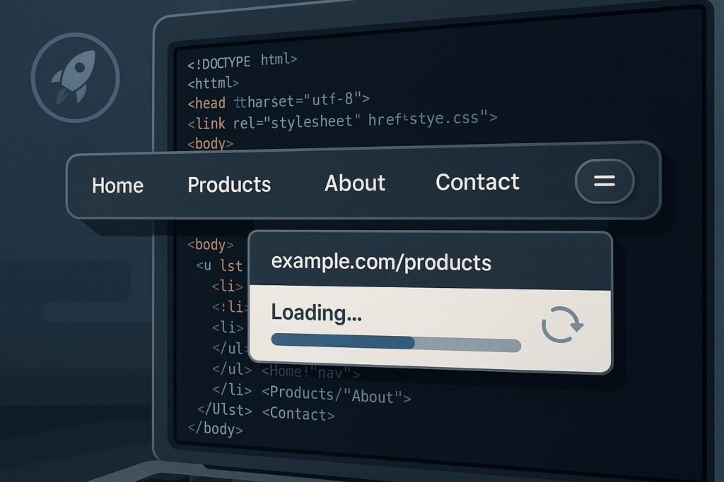 Modernes responsives Website-Menü mit dynamischer Navigation, interaktiven Elementen und serverseitiger Optimierung auf einem Computerbildschirm.