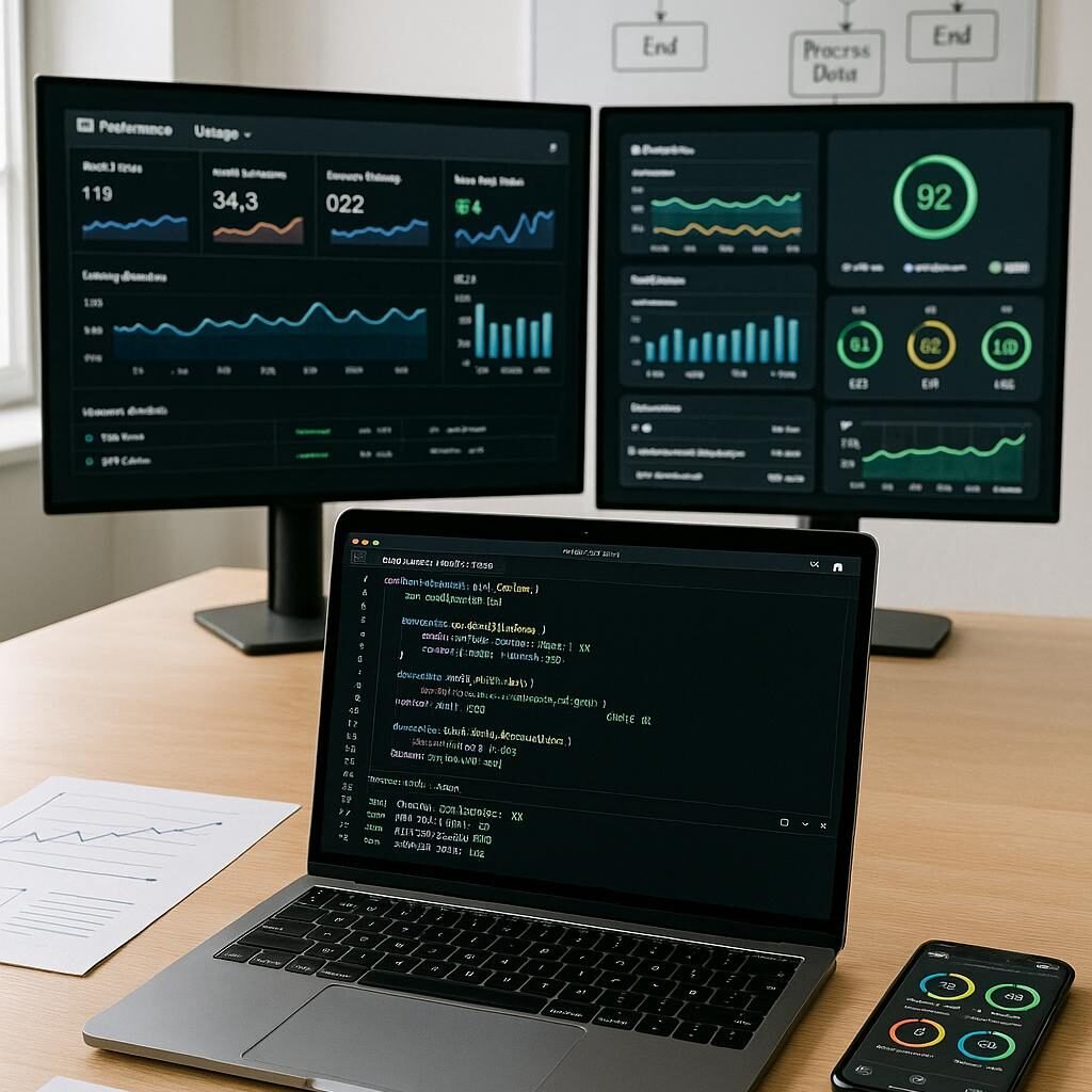 Moderner Entwicklerarbeitsplatz mit Laptop, Notizen, Smartphone und Monitoren mit Performance-Daten im hell erleuchteten Büro.